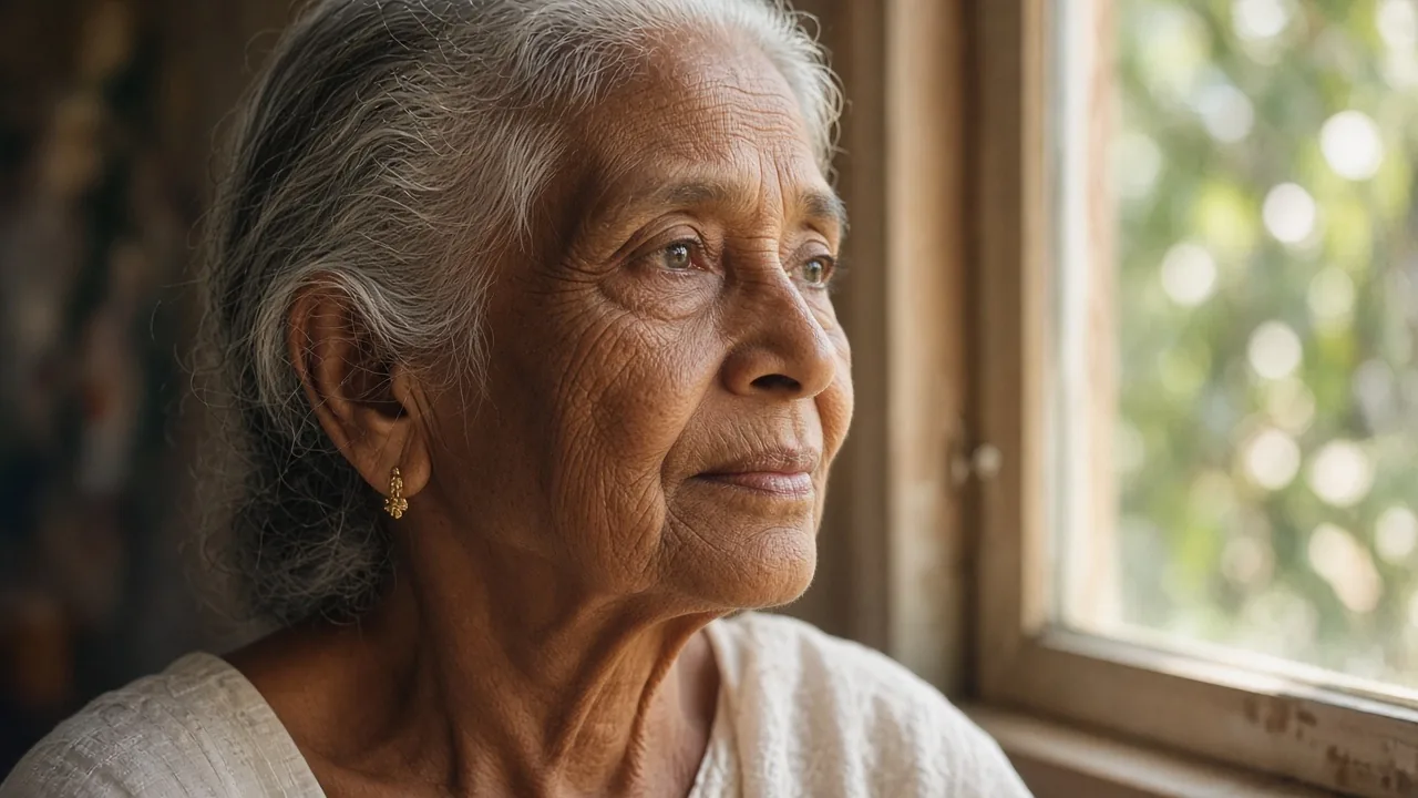 Elderly Sri Lankan woman looking thoughtfully out a sunlit window
