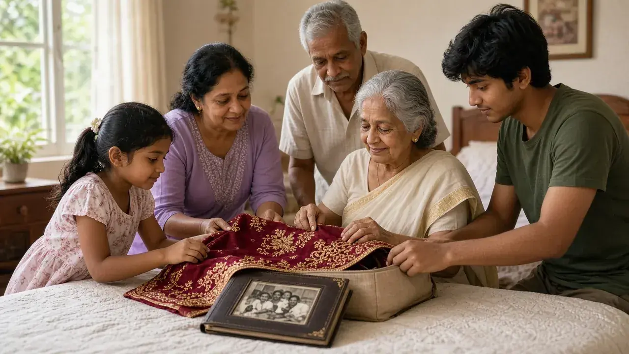 Family packing cherished items before a move into elder care