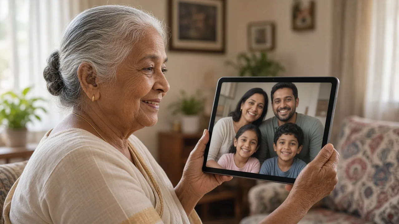 Elderly woman video calling family members abroad