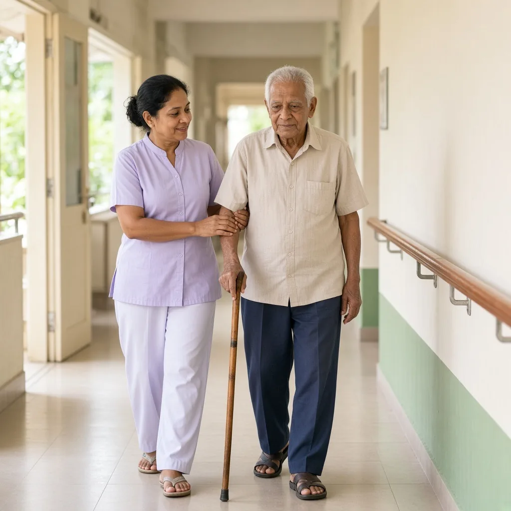 Caregiver supporting an elderly man walking safely indoors